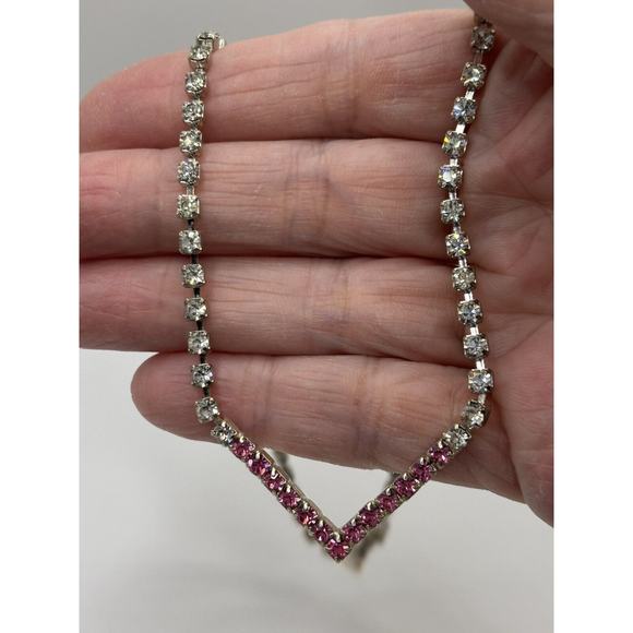 VTG Vintage Rhinestone Necklace Clear Pink J1-3027 - Picture 10 of 11